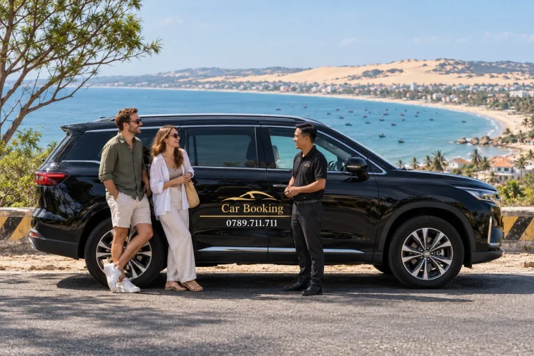 Ho Chi Minh City to Mui Ne travel time: Travellers discuss their journey with the driver beside a black Car Booking car overlooking the bay.