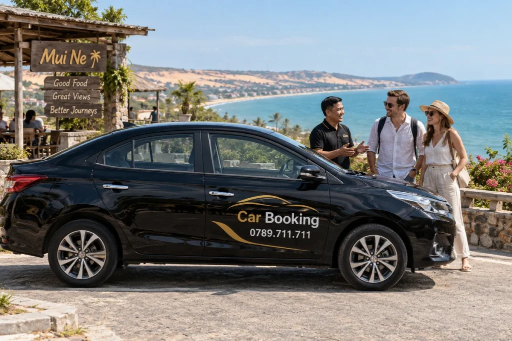 Ho Chi Minh City to Mui Ne trip cost: A couple speaks with the driver beside a black Car Booking sedan near a seaside viewpoint.