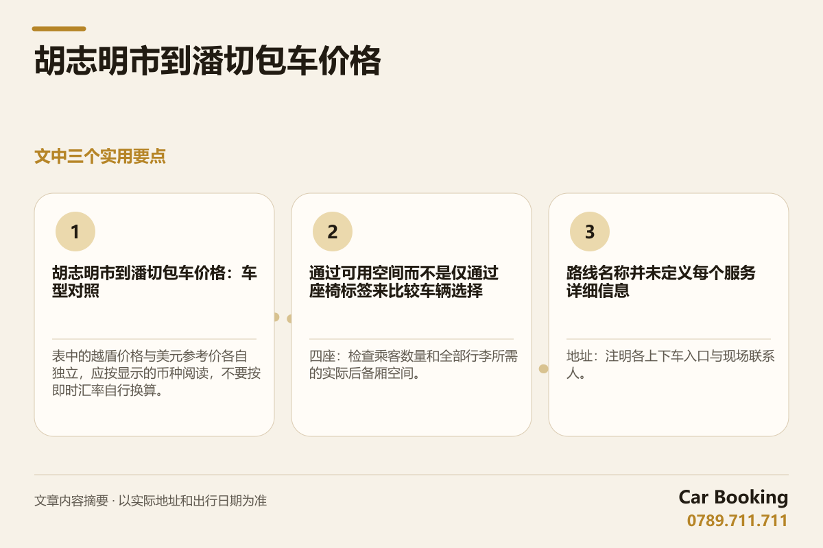信息图: 胡志明市到潘切包车价格 — 表中的越盾价格与美元参考价各自独立，应按显示的币种阅读，不要按即时汇率自行换算。