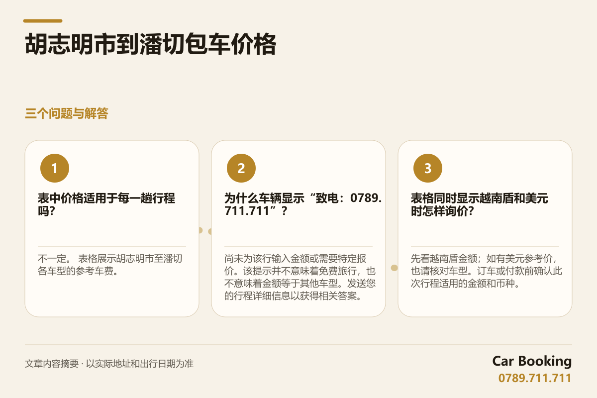 信息图: 胡志明市到潘切包车价格 — 表中价格适用于每一趟行程吗？ 不一定。 表格展示胡志明市至潘切各车型的参考车费。