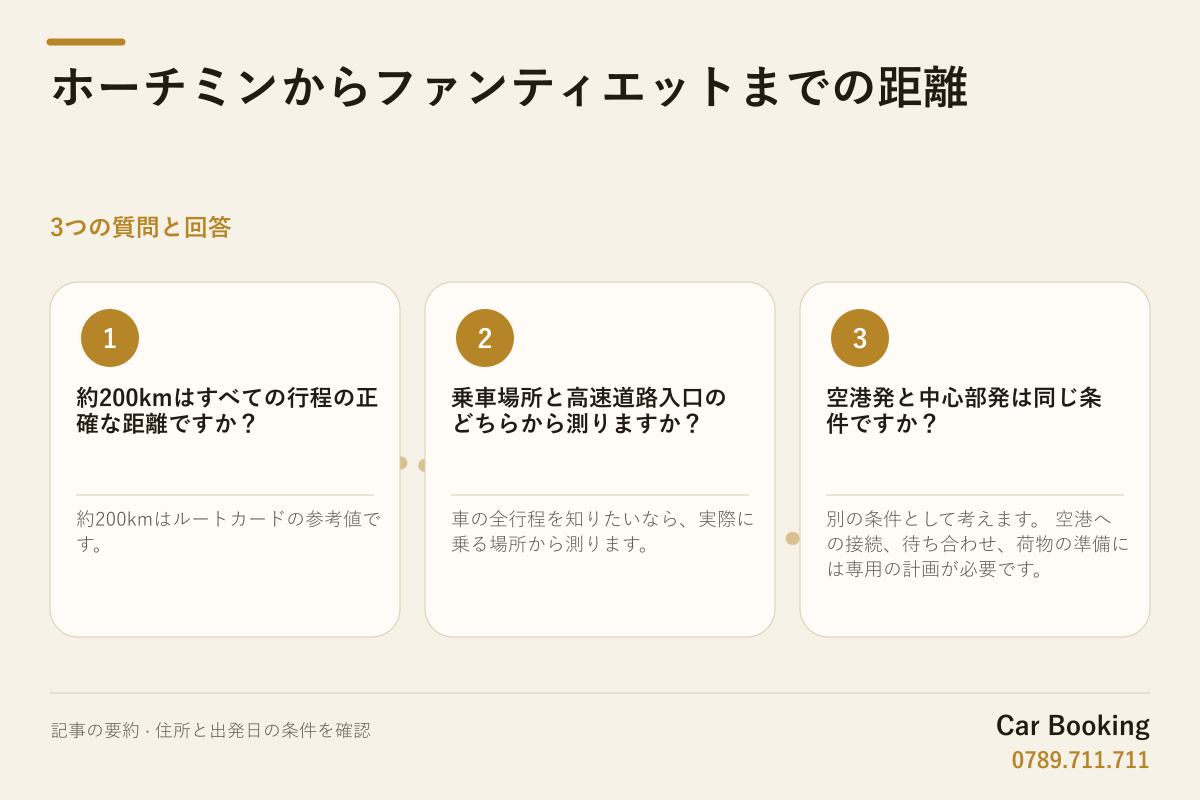 図解: ホーチミンからファンティエットまでの距離 — 約200kmはすべての行程の正確な距離ですか？ 約200kmはルートカードの参考値です。