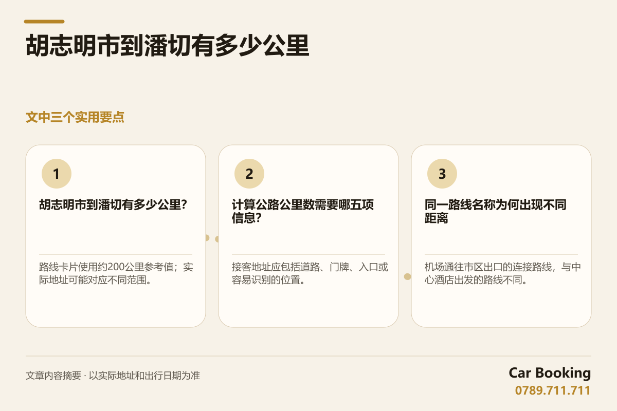 信息图: 胡志明市到潘切有多少公里 — 路线卡片使用约200公里参考值；实际地址可能对应不同范围。