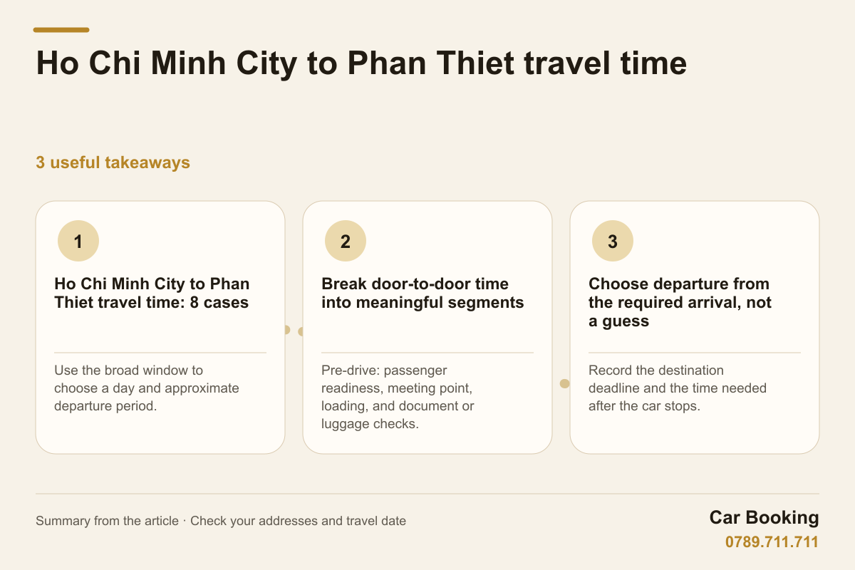 Infographic: Ho Chi Minh City to Phan Thiet travel time — Use the broad window to choose a day and approximate departure period.