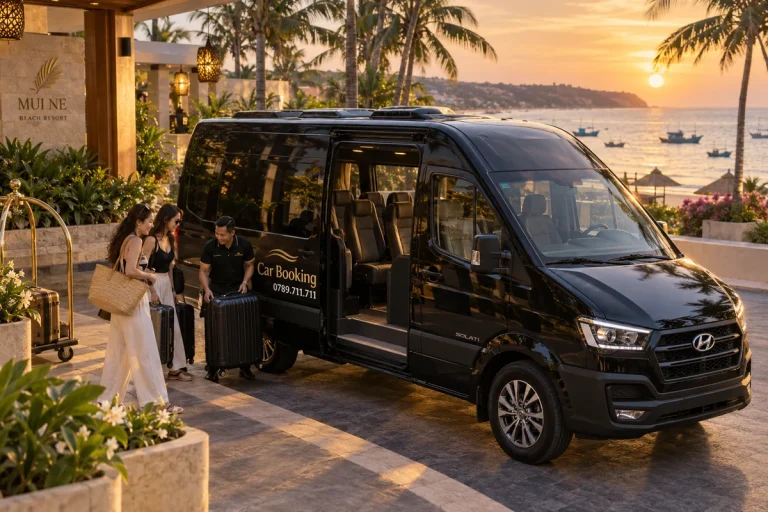 胡志明市到美奈包车价格：旅客带着行李在酒店门口登上黑色 Car Booking Solati 16 座车。