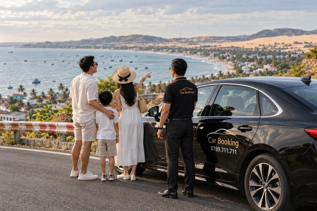 ホーチミンからムイネーまでの距離：海沿いの道で黒いCar Bookingのセダンに乗る家族と、乗車を案内する運転手。
