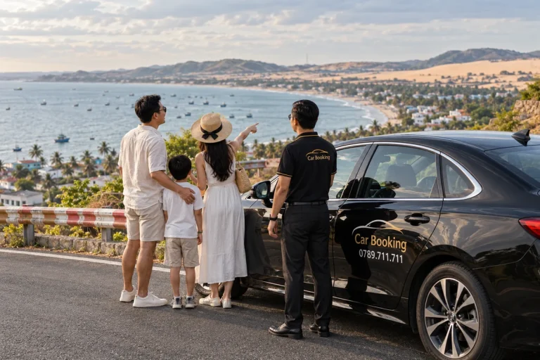 ホーチミンからムイネーまでの距離：海沿いの道で黒いCar Bookingのセダンに乗る家族と、乗車を案内する運転手。