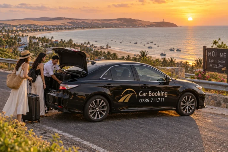 胡志明市到美奈有多少公里：日落时，一家人在海边给黑色 Car Booking 轿车的后备箱装行李。
