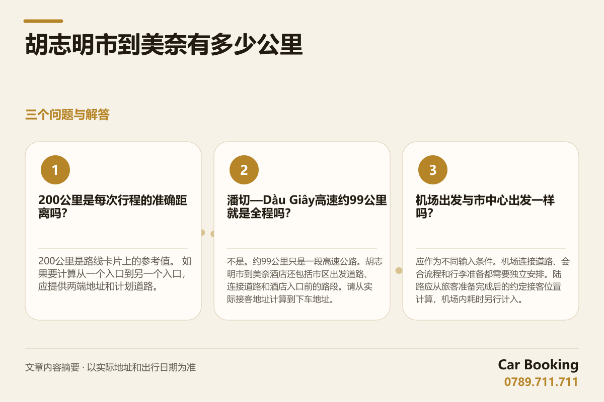 信息图: 胡志明市到美奈有多少公里 — 200公里是每次行程的准确距离吗？ 200公里是路线卡片上的参考值。 如果要计算从一个入口到另一个入口，应提供两端地址和计划道路。