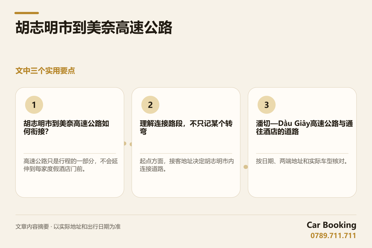 信息图: 胡志明市到美奈高速公路 — 高速公路只是行程的一部分，不会延伸到每家度假酒店门前。