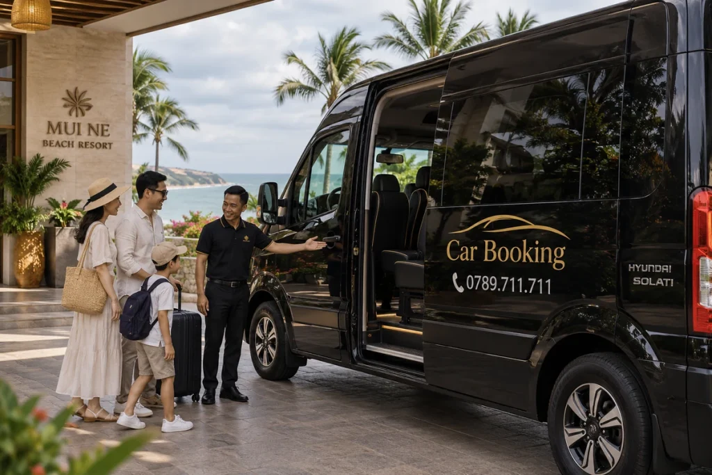 ホーチミンからムイネーへの貸切車料金:宿泊施設の入口で子ども連れの家族が黒いCar Bookingの16人乗りSolatiに乗車する場面。