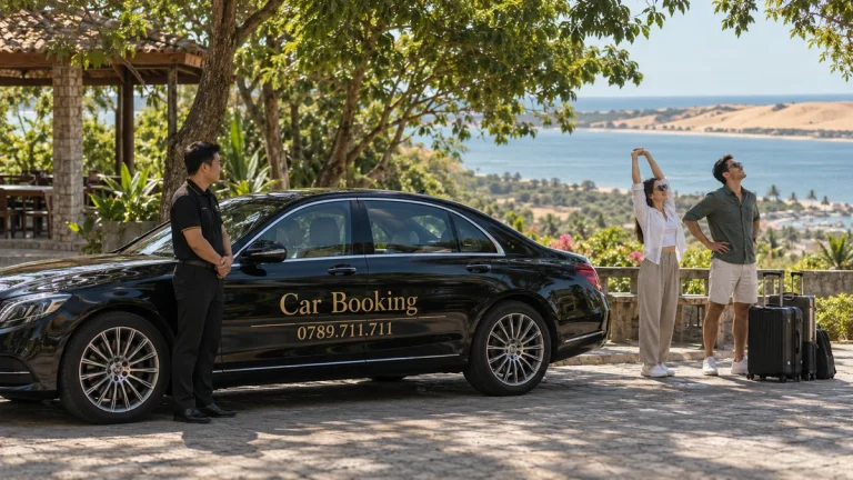 ホーチミンからムイネーへの休憩場所：木陰の休憩場所で旅行者が黒いCar Bookingのセダンのそばで体を伸ばす場面。