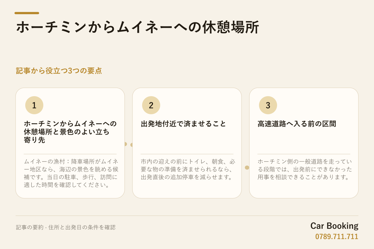 図解: ホーチミンからムイネーへの休憩場所 — ムイネーの漁村：降車場所がムイネー地区なら、海辺の景色を眺める候補です。当日の駐車、歩行、訪問に適した時間を確認してください。