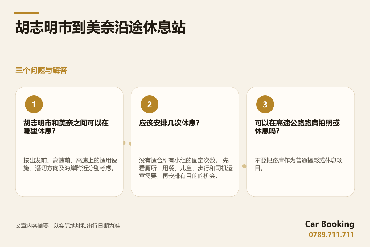 信息图: 胡志明市到美奈沿途休息站 — 胡志明市和美奈之间可以在哪里休息？ 按出发前、高速前、高速上的适用设施、潘切方向及海岸附近分别考虑。