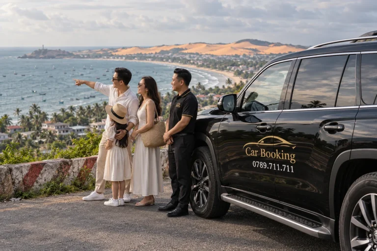ホーチミンからムイネーまでの所要時間：海を見下ろす停車場所で旅行者が黒いCar Booking車両のそばに立つ様子。