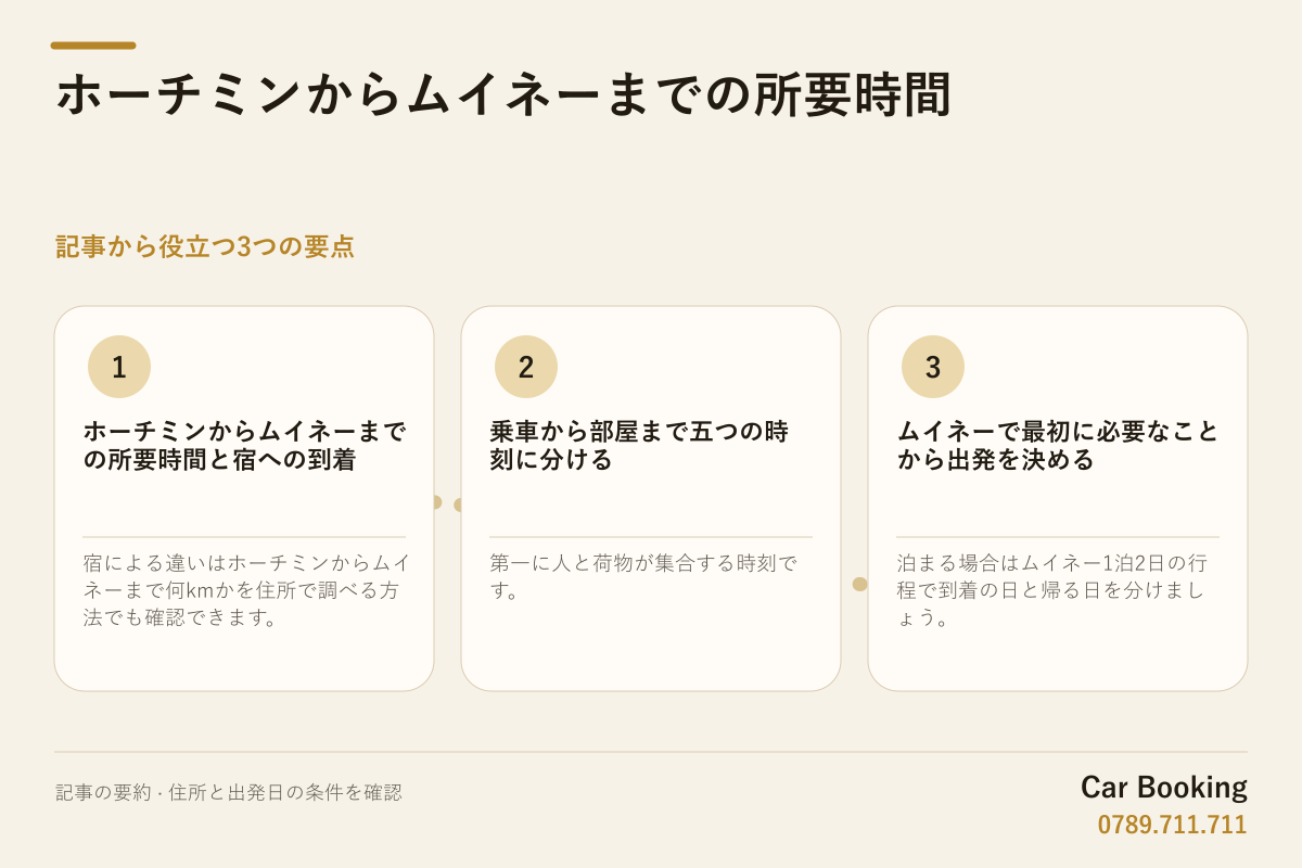 図解: ホーチミンからムイネーまでの所要時間 — 宿による違いはホーチミンからムイネーまで何kmかを住所で調べる方法でも確認できます。