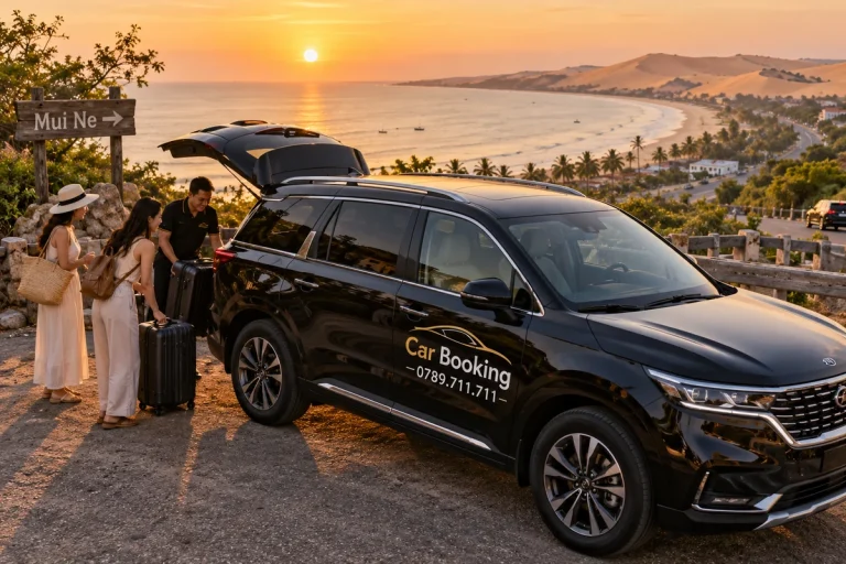 胡志明市到美奈要多久：黄昏的海边，旅客在黑色 Car Booking 车辆旁整理行李。