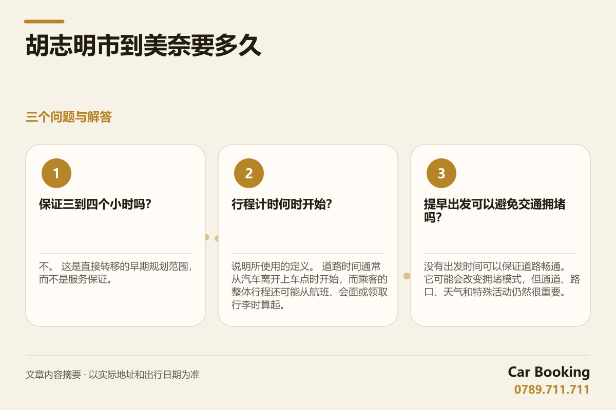 信息图: 胡志明市到美奈要多久 — 保证三到四个小时吗？ 不。 这是直接转移的早期规划范围，而不是服务保证。