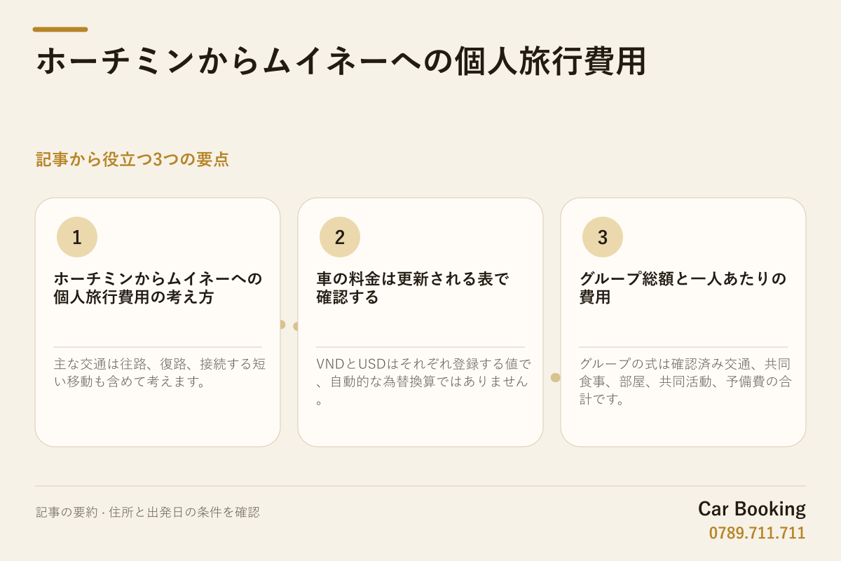 図解: ホーチミンからムイネーへの個人旅行費用 — 主な交通は往路、復路、接続する短い移動も含めて考えます。