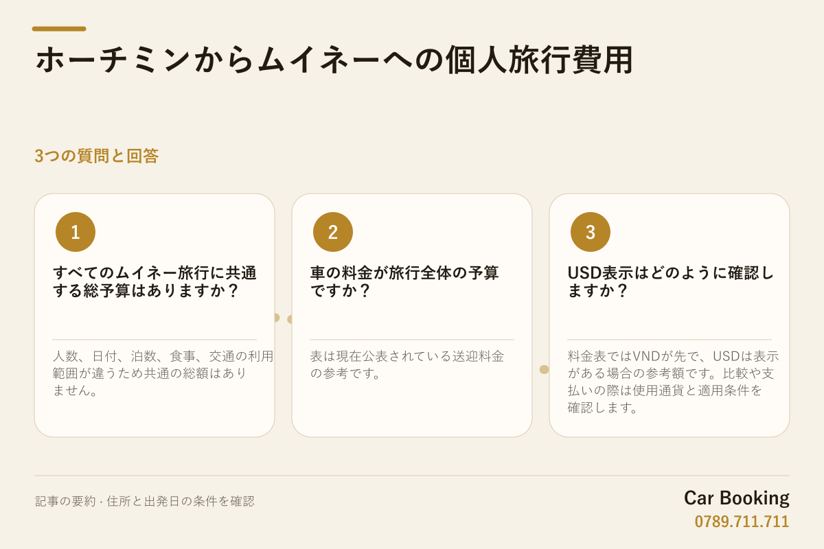 図解: ホーチミンからムイネーへの個人旅行費用 — すべてのムイネー旅行に共通する総予算はありますか? 人数、日付、泊数、食事、交通の利用範囲が違うため共通の総額はありません。