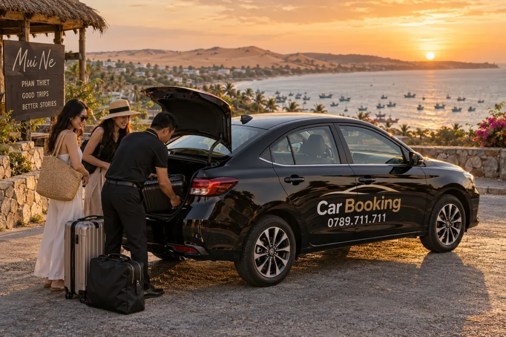 胡志明市到美奈自由行费用：海边停车处，司机把行李放入黑色 Car Booking 轿车后备箱，一家人在旁等待。