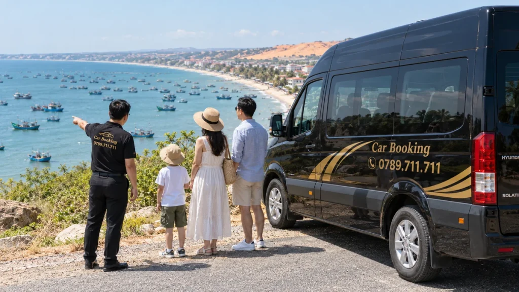 ホーチミン発ムイネー2日1泊:海と砂丘を望む場所で家族が黒いCar BookingのSolatiのそばに立つ様子。