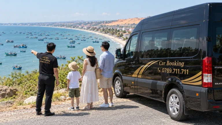 ホーチミン発ムイネー2日1泊：海と砂丘を望む場所で家族が黒いCar BookingのSolatiのそばに立つ様子。