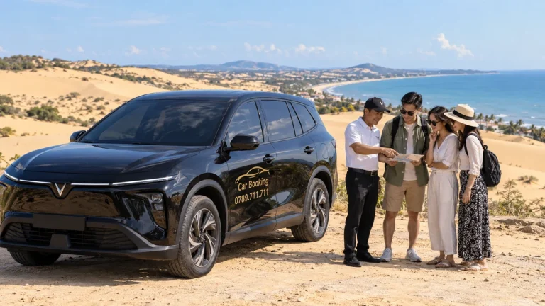 胡志明市到美奈两天一夜行程：旅行团在沙丘海景旁查看行程，黑色 Car Booking 车辆停在旁边。