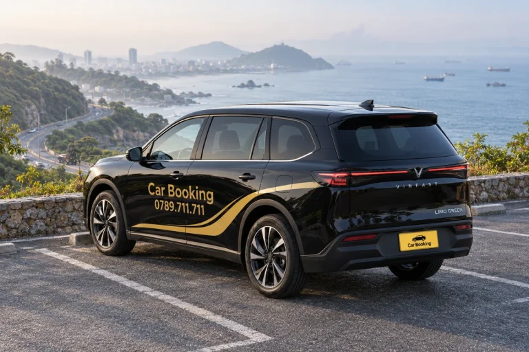 夜明けの海沿い駐車場で後方から見た黒いCar BookingのLimo Green。