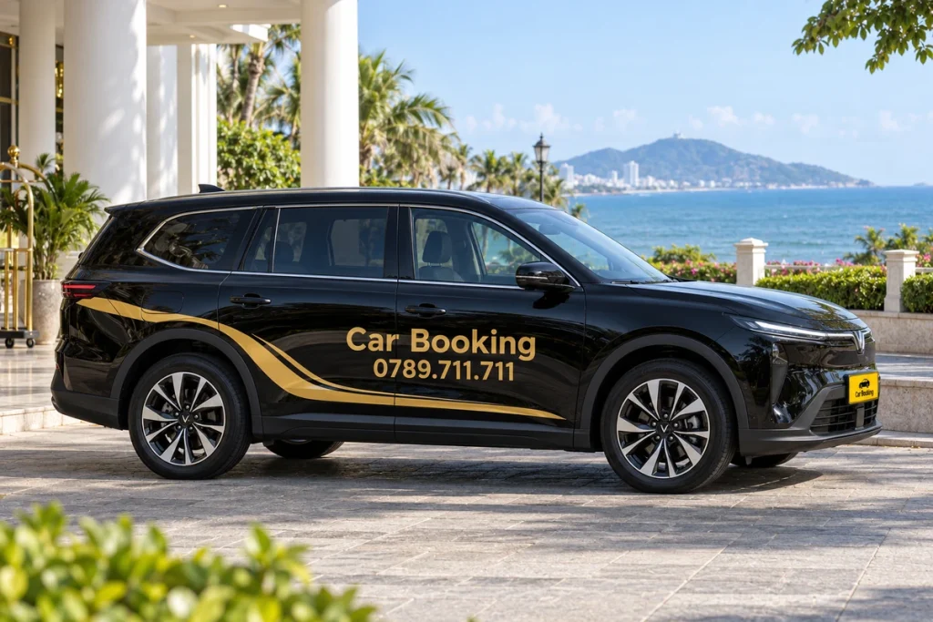 海滨酒店门廊旁的黑色Car Booking Limo Green侧面。