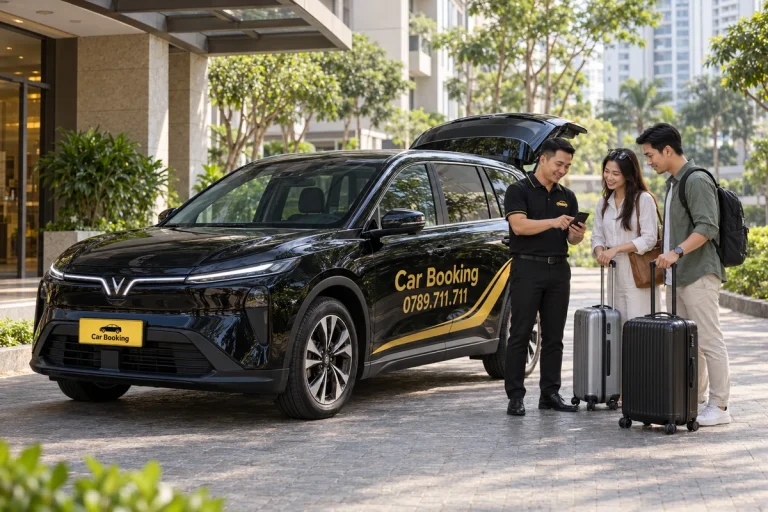 Tài xế Car Booking cùng hai khách kiểm tra hành trình bên xe và vali tại điểm đón.