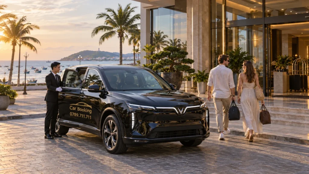 lịch trình Phan Thiết 2 ngày 1 đêm – ảnh minh họa xe Car Booking đen đón khách trước khách sạn ven biển.