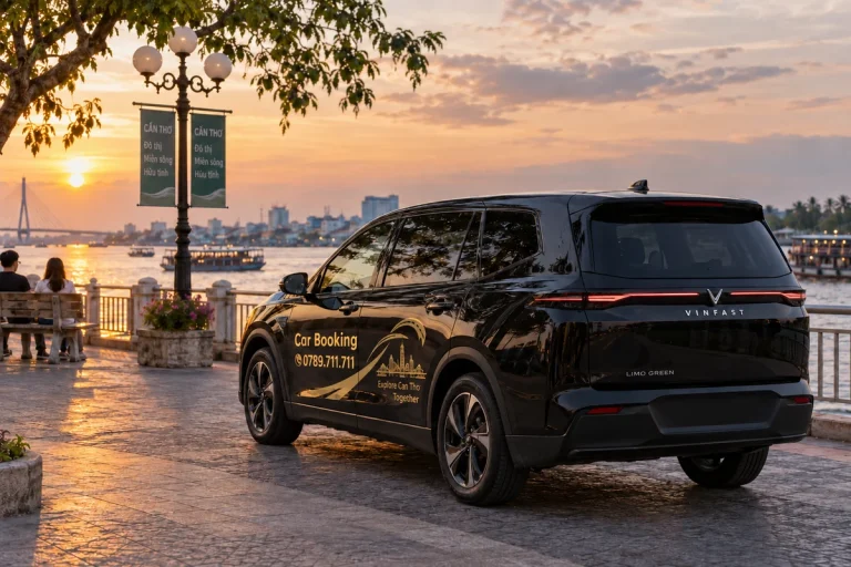Xe Car Booking nhìn từ phía sau bên bờ sông Cần Thơ lúc chiều muộn.