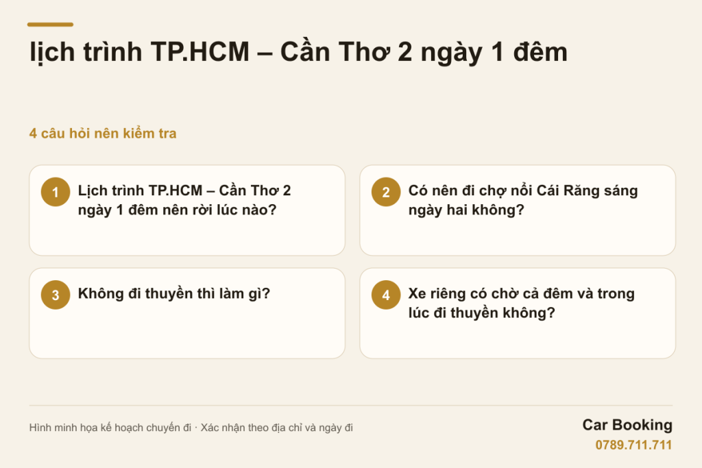 Hình minh họa: lịch trình TP.HCM – Cần Thơ 2 ngày 1 đêm - giờ đi, chợ nổi, phương án không đi thuyền và lịch xe.