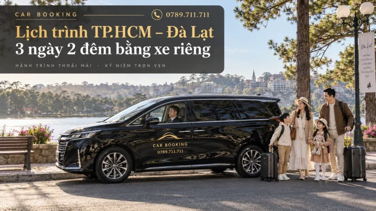Đà Lạt 3 ngày 2 đêm – thiết kế tên bài trên ảnh minh họa xe Car Booking và hành khách