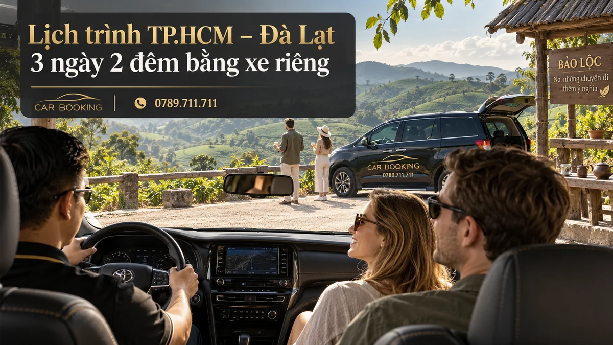 Đà Lạt 3 ngày 2 đêm – thiết kế tên bài trên ảnh minh họa hành trình cùng xe và du khách