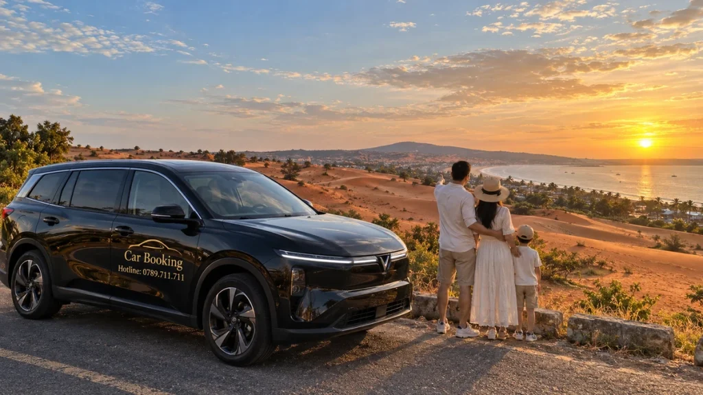 Lịch trình TP.HCM – Mũi Né 2 ngày 1 đêm: Gia đình đứng bên xe Limo Green Car Booking màu đen ngắm đồi cát và biển lúc hoàng hôn.