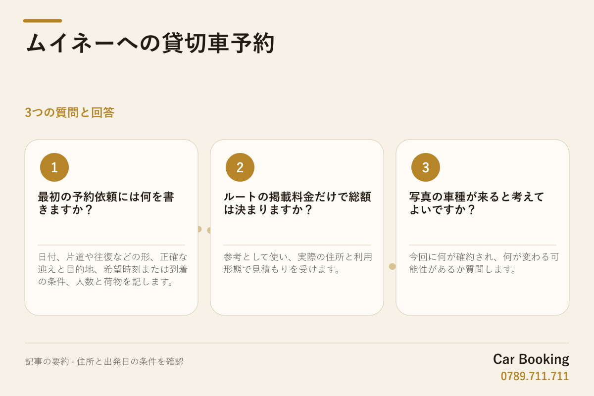図解: ムイネーへの貸切車予約 — 最初の予約依頼には何を書きますか？ 日付、片道や往復などの形、正確な迎えと目的地、希望時刻または到着の条件、人数と荷物を記します。