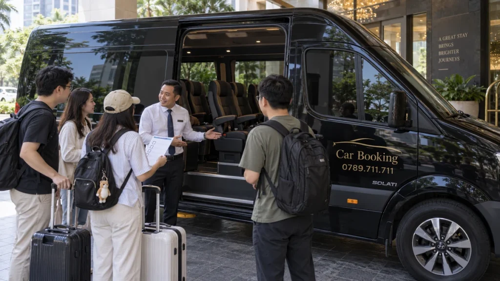 预订美奈包车需要注意什么：酒店门口，司机向旅客讲解行程，旁边停着黑色 Car Booking Solati 16 座车。