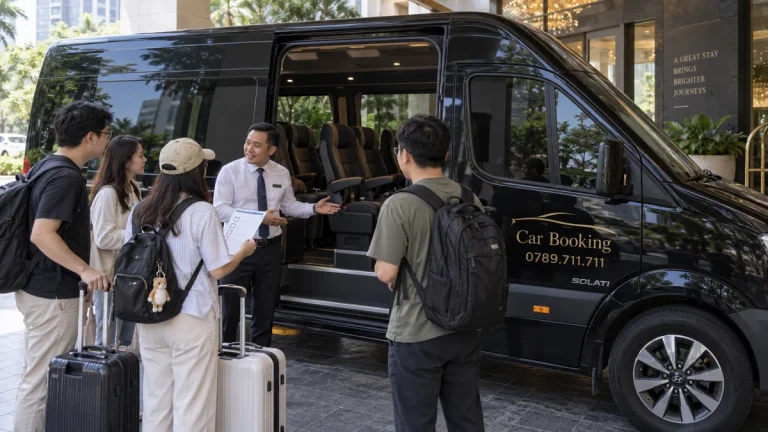 预订美奈包车需要注意什么：酒店门口，司机向旅客讲解行程，旁边停着黑色 Car Booking Solati 16 座车。