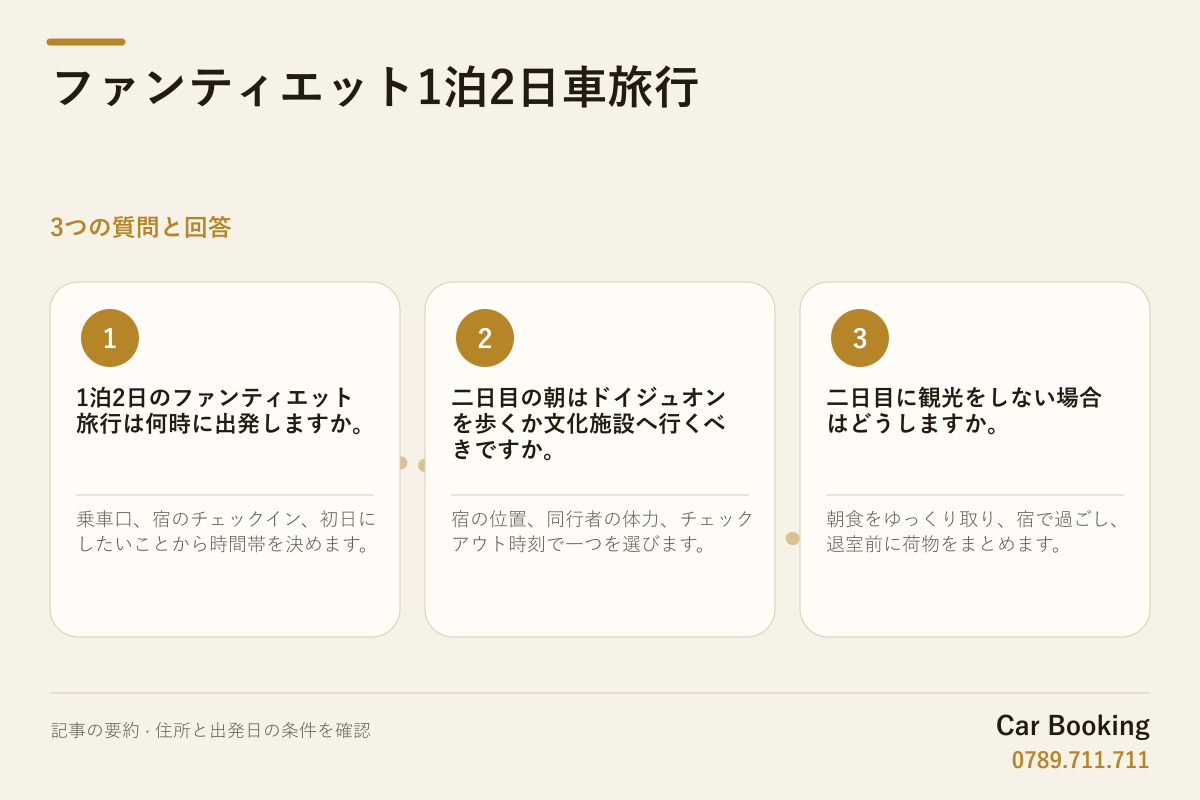 図解: ファンティエット1泊2日車旅行 — 1泊2日のファンティエット旅行は何時に出発しますか。 乗車口、宿のチェックイン、初日にしたいことから時間帯を決めます。