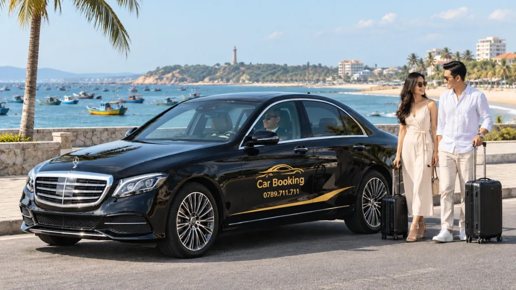 Phan Thiet 4-seat or 7-seat car: illustration of black four-seat sedan with travellers outside a seaside hotel.