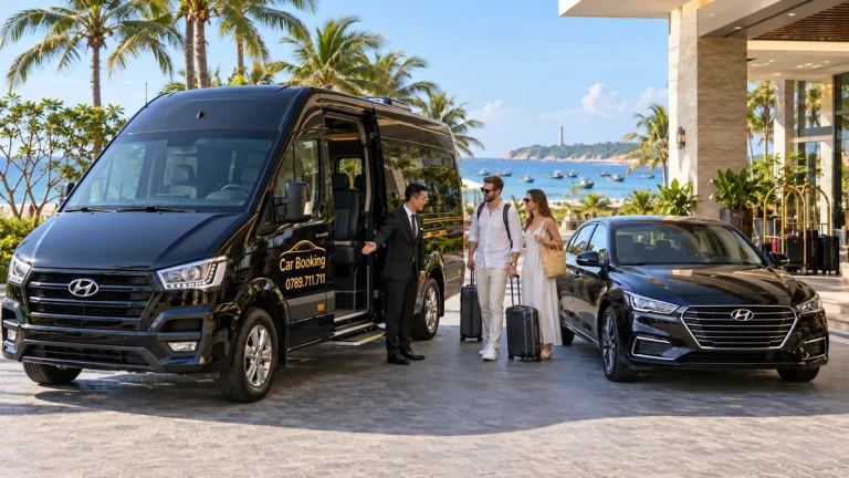ファンティエット行きは4席車か7席車か：黒い16人乗りSolatiと4人乗りセダンを選ぶ旅行者のイメージ。