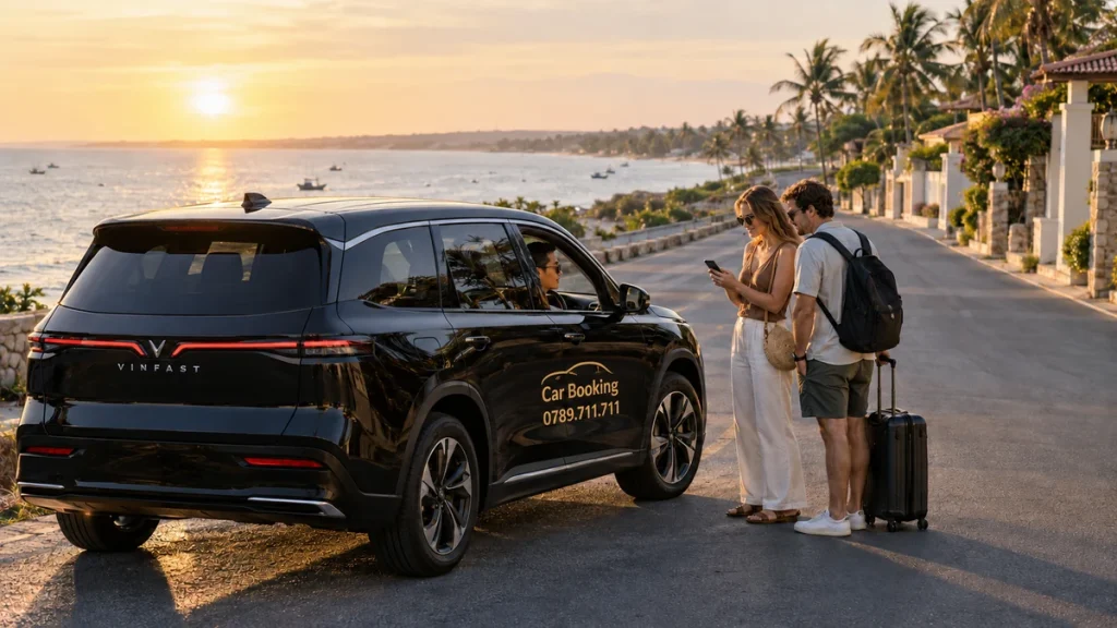 Phan Thiet or direct to Mui Ne: Two travellers stand beside a black Car Booking car overlooking the coast at sunset.