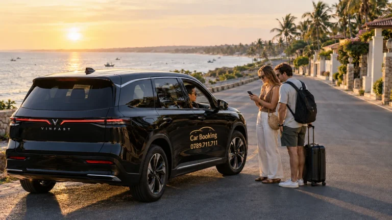 Phan Thiet or direct to Mui Ne: Two travellers stand beside a black Car Booking car overlooking the coast at sunset.