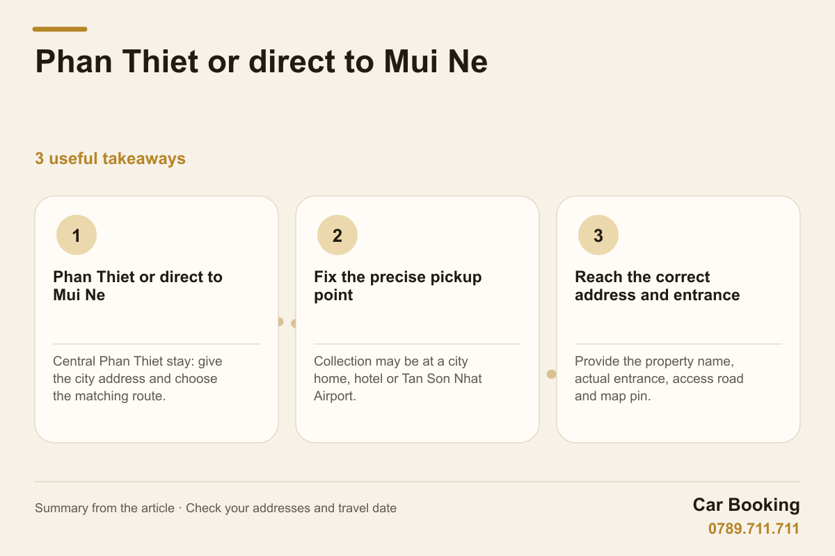 Infographic: Phan Thiet or direct to Mui Ne — Central Phan Thiet stay: give the city address and choose the matching route.