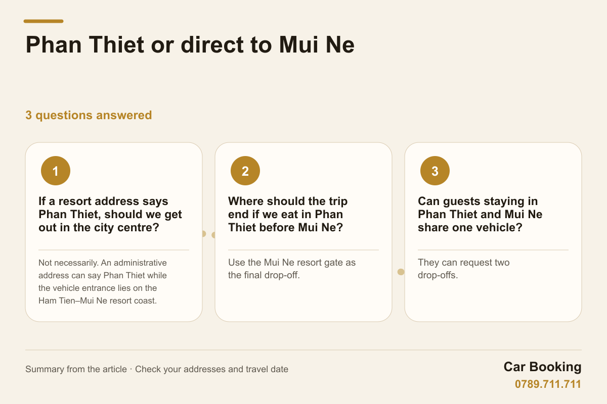 Infographic: Phan Thiet or direct to Mui Ne - three questions about resort addresses, final drop-off and separate hotels.