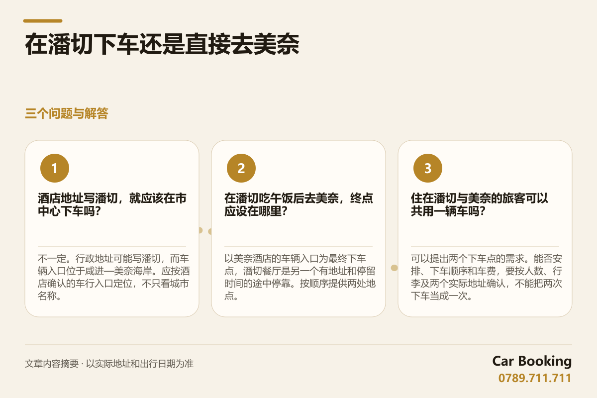 信息图: 在潘切下车还是直接去美奈 — 酒店地址写潘切,就应该在市中心下车吗? 不一定。行政地址可能写潘切,而车辆入口位于咸进—美奈海岸。应按酒店确认的车行入口定位,不只看城市名称。