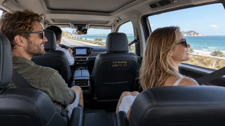 Private car to Mui Ne: Inside a Car Booking vehicle, the driver sits on the left while foreign male and female passengers ride behind.