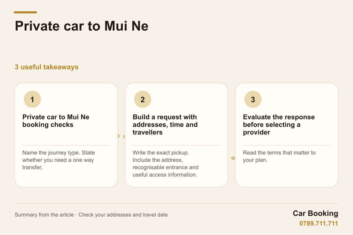 Infographic: Private car to Mui Ne — Name the journey type. State whether you need a one way transfer,