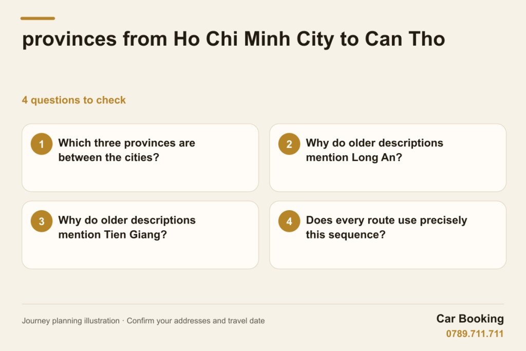 Illustrated guide: provinces from Ho Chi Minh City to Can Tho - four questions about place names and the route.